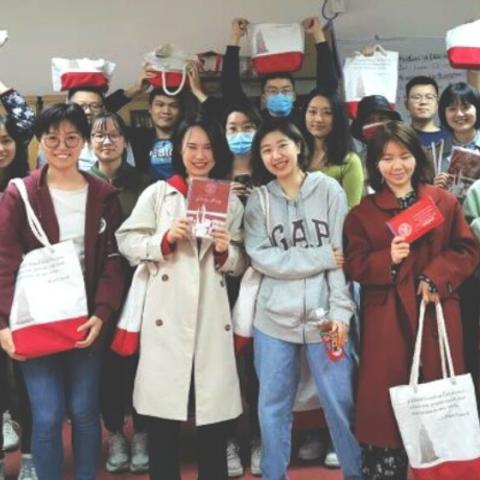 Study Away students at Peking University pose with their care packages