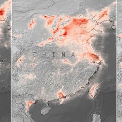 Satellite data show the monthly average nitrogen dioxide concentrations over China in February 2019, February 2020 and February 2021. Source: ESA