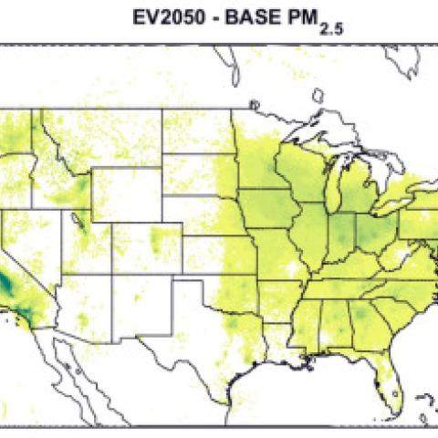 The changes in surface PM2.5 concentrations due to large-scale use of electric vehicles in 2050. These are the differences in PM2.5 between the EV2050 case and the BASE case (EV2050 minus BASE).