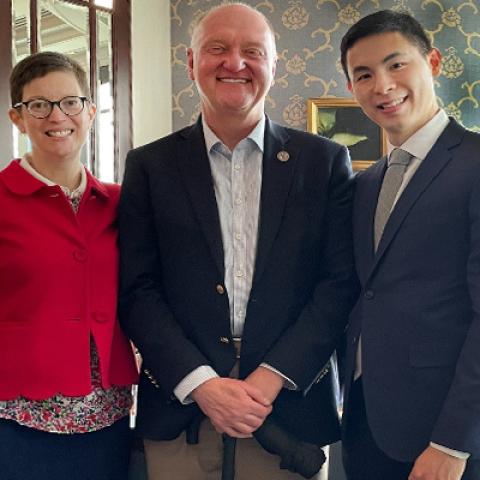 Carla Ingrando, associate dean for Alumni Affairs and Development, and Andrew Karolyi, Charles Field Knight Dean, Cornell SC Johnson College of Business, with Justin Wai ’06 in Hong Kong, April 2023